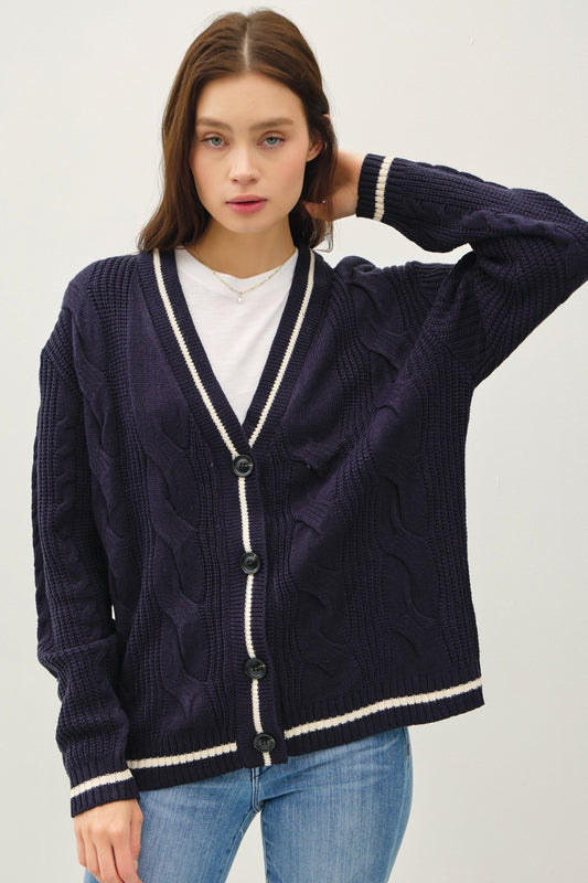 Navy Trim Cable-Knit V-Neck Cardigan front closeup