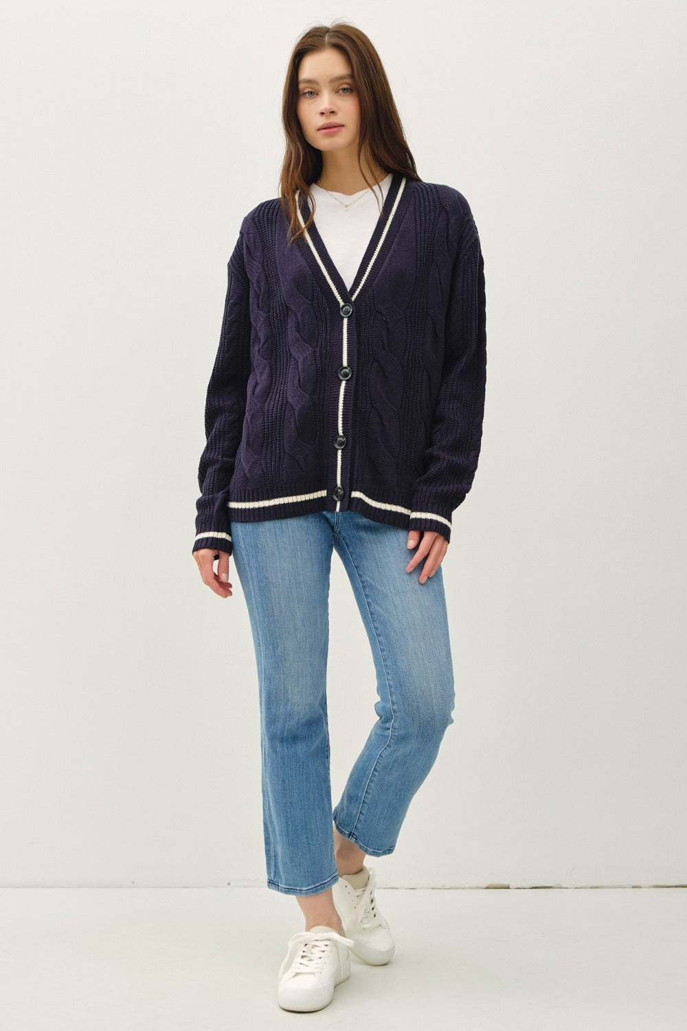 Navy Trim Cable-Knit V-Neck Cardigan full front