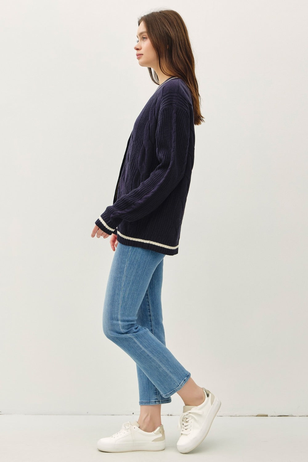 Navy Trim Cable-Knit V-Neck Cardigan full side