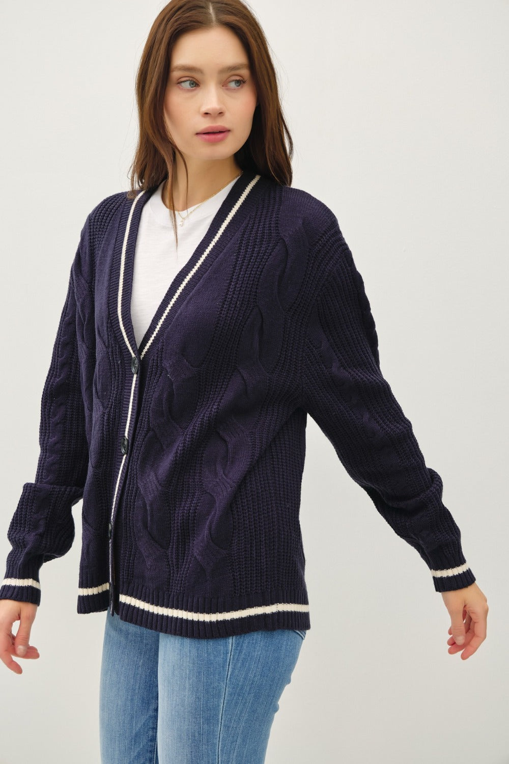 Navy Trim Cable-Knit V-Neck Cardigan side closeup