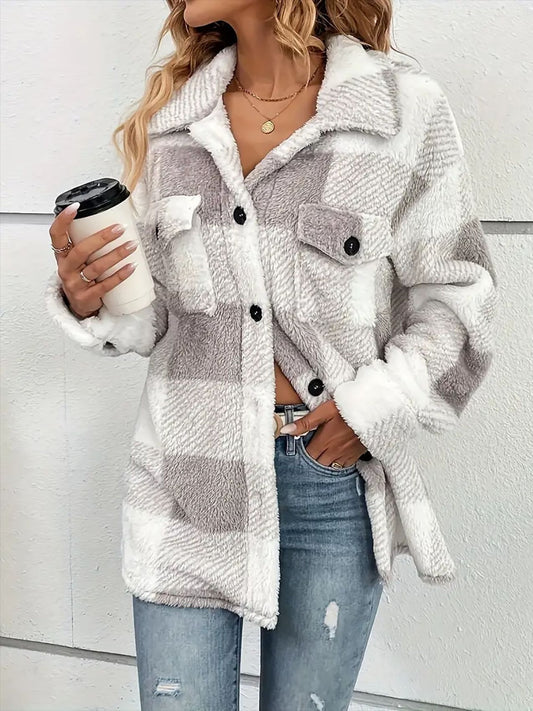 Plaid Long Sleeve Plush Coat