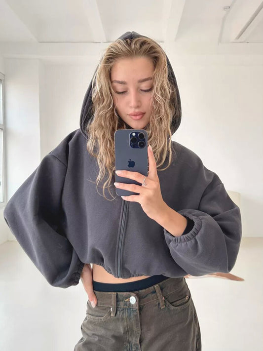 Puff Sleeve Cropped Hoodie Charcoal grey