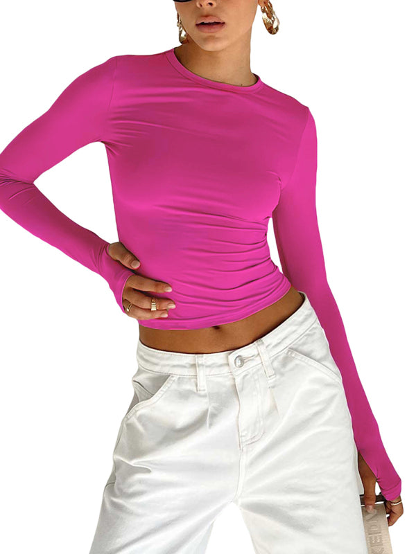 Long Sleeve crew neck with thumb loop crop top Pink