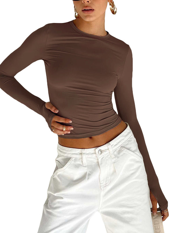 Round Neck Crop Long sleeve thumb loop Brown