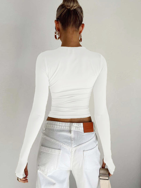 Round Neck Crop Long sleeve thumb loop White back