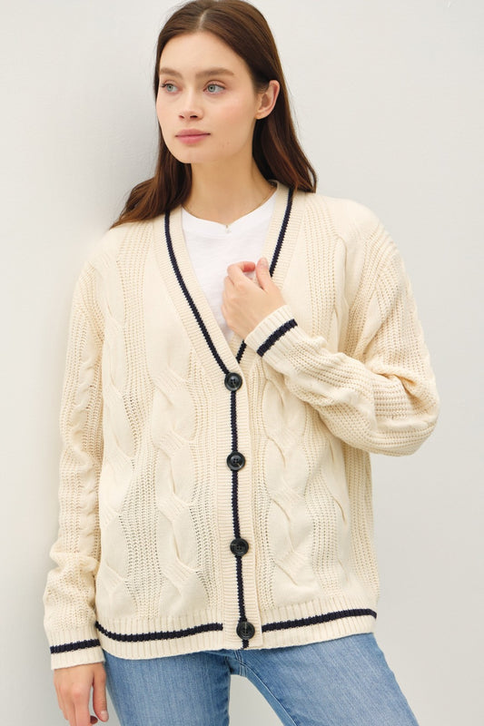 Trim Cable-Knit V-Neck Cardigan