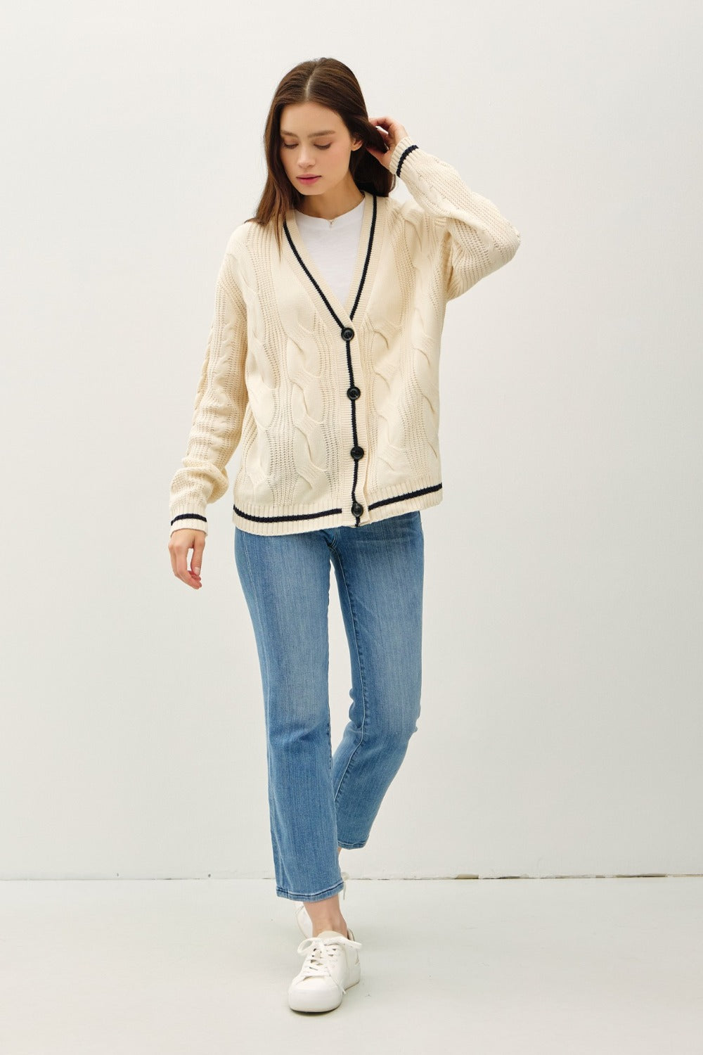 Trim Cable-Knit V-Neck Cardigan full front