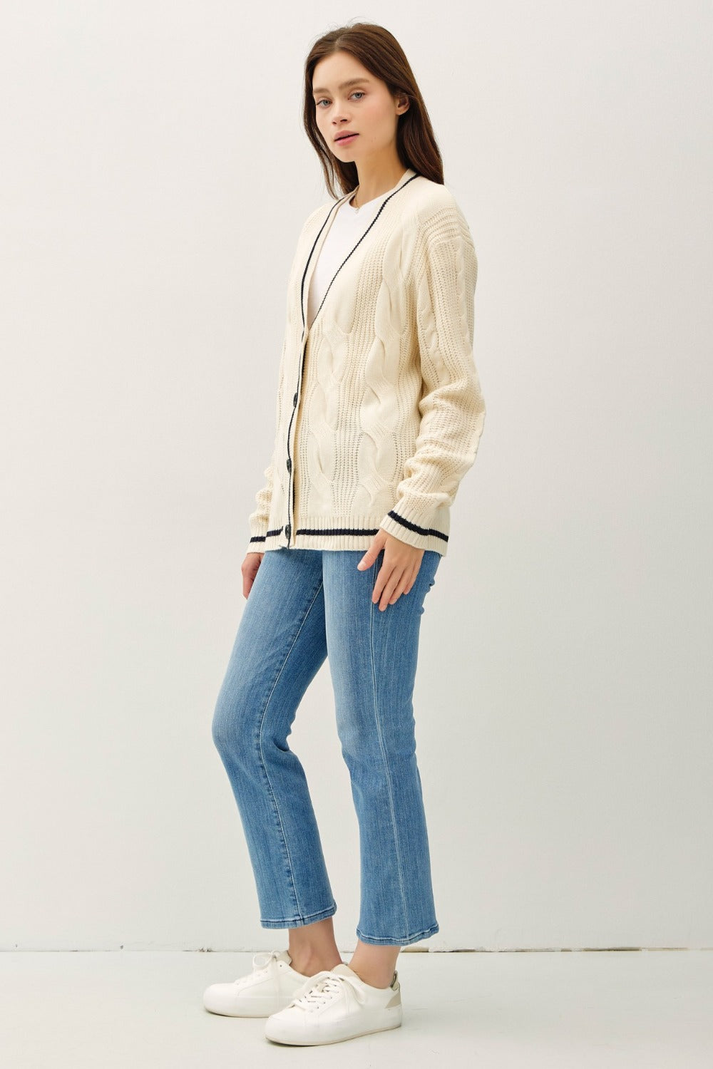 Trim Cable-Knit V-Neck Cardigan full side